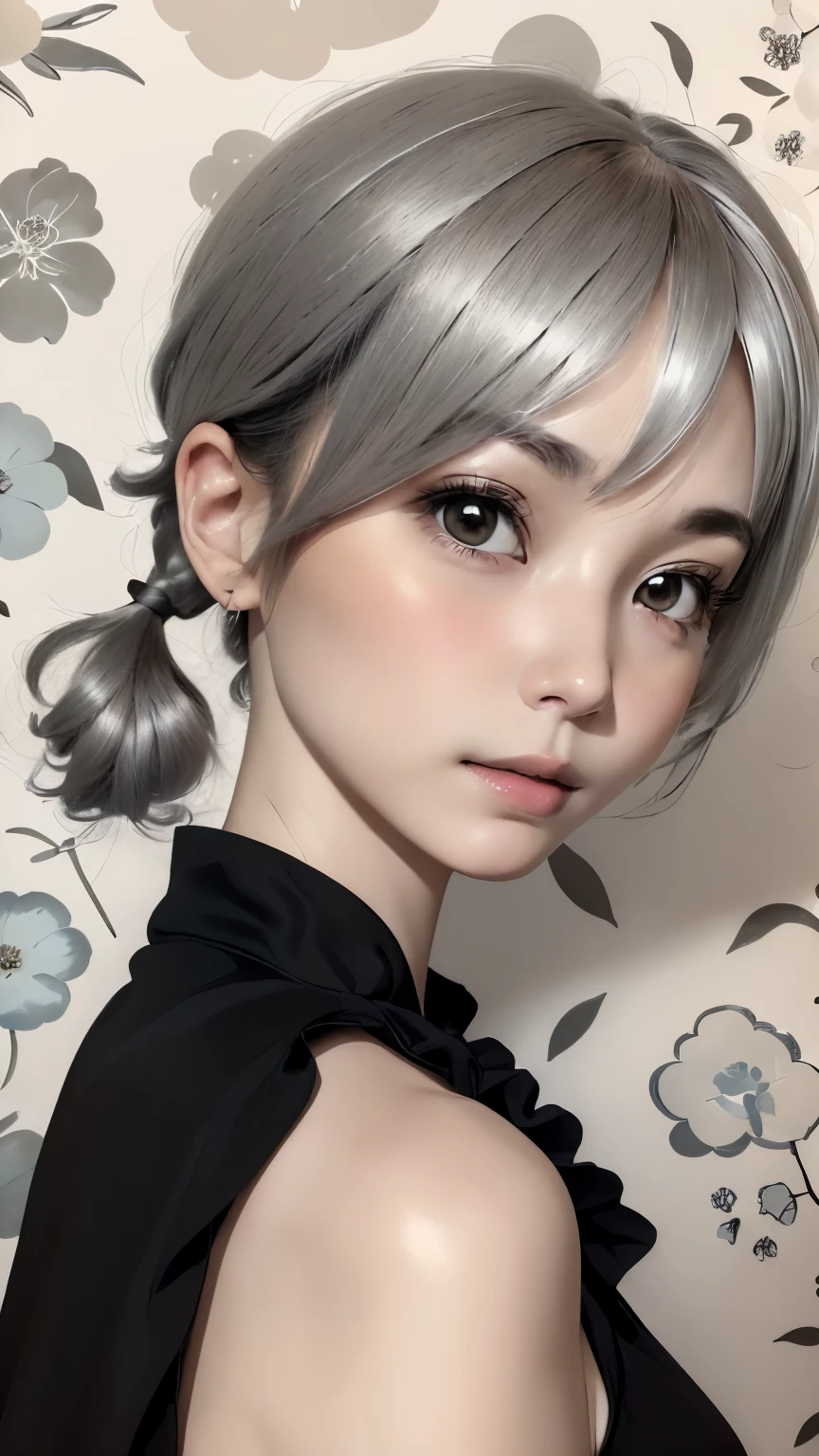 ((wallpaper 8k)), ((surreal)), ((Quality with attention to detail:1.2)), 1 girl, １４talent、kind eyes、plump lips、Ash gray hair、An ennui look、small breasts、small breasts、black elegant dress,Black capelet, look up, Widespread poverty, short cut hair、short hair twintails、Ash gray hair:1.5、white skin、