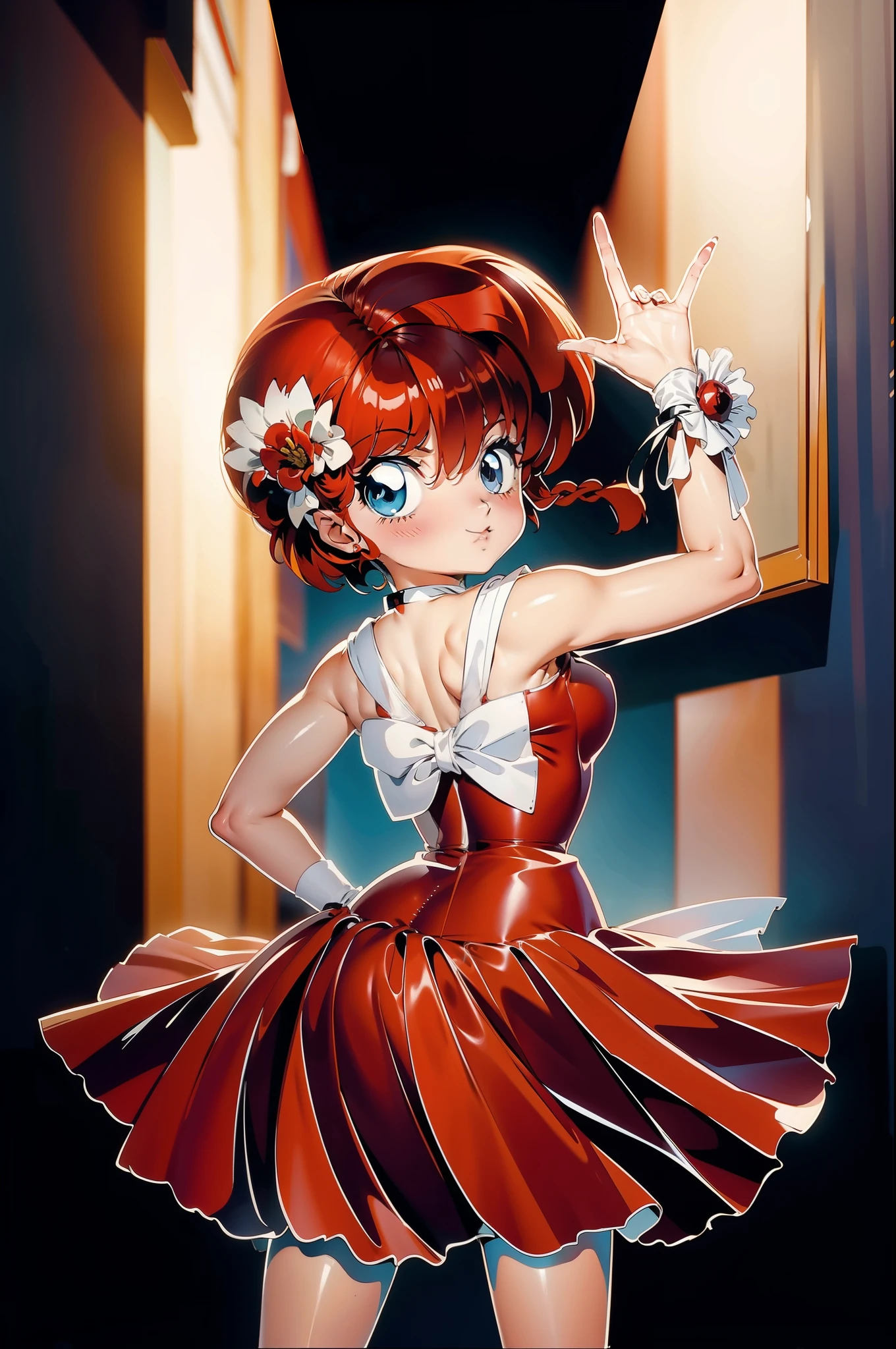 rothaariges Anime-Mädchen in einem roten Latexkleid mit einer Blume im Haar, süßes Anime-Mädchen, Ganzkörper, 16 Jahre altes Mädchen, sexy Mädchen, Große Brüste, Anime-Stil character, in einem Latexkleid gekleidet, inspiriert von Rumiko Takahashi, Autor Rumiko Takahashi, inspiriert von Ranma 1/2 Kunstwerke, Anime-Kunststil, pinkes Kleid, Anime-Stil, sexy Anime-Mädchen, schöne Brüste, Ranma Chan, schöne Beleuchtung, realistische Schatten