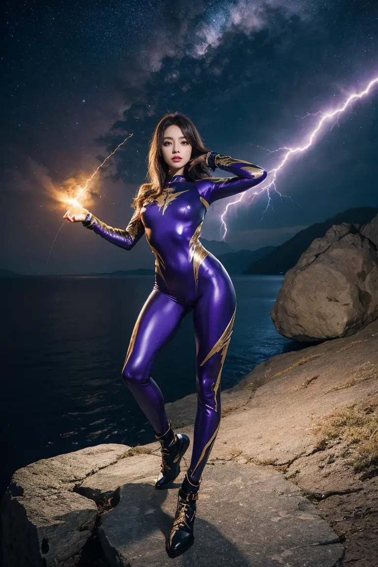 highest quality, masterpiece, realistic, high resolution, 8k raw photo, 1 girl, nsfw、long hair、goddess、shooting lightning from b...