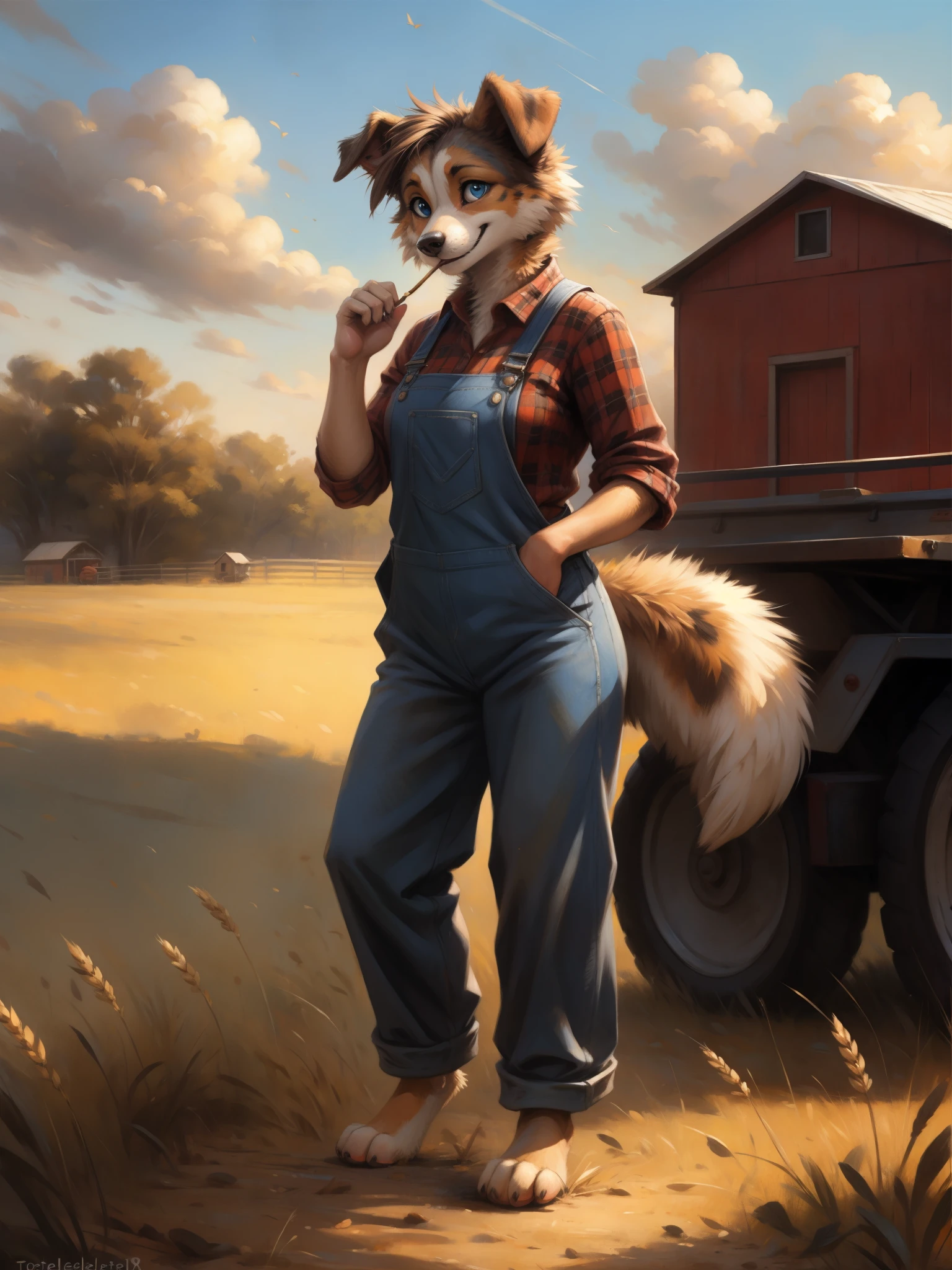 by kenket, by totesfleisch8, (by thebigslick, by silverfox5213:0.8), (by syuro:0.2), an Australian shepherd dog, female, short brown hair, blue eyes, cute snout, black nose, fluffy tail, wearing red flannel, blue overalls, medium breasts, barefoot, 4 toes, standing, on a farm, a piece of dry wheat in her mouth, grinning