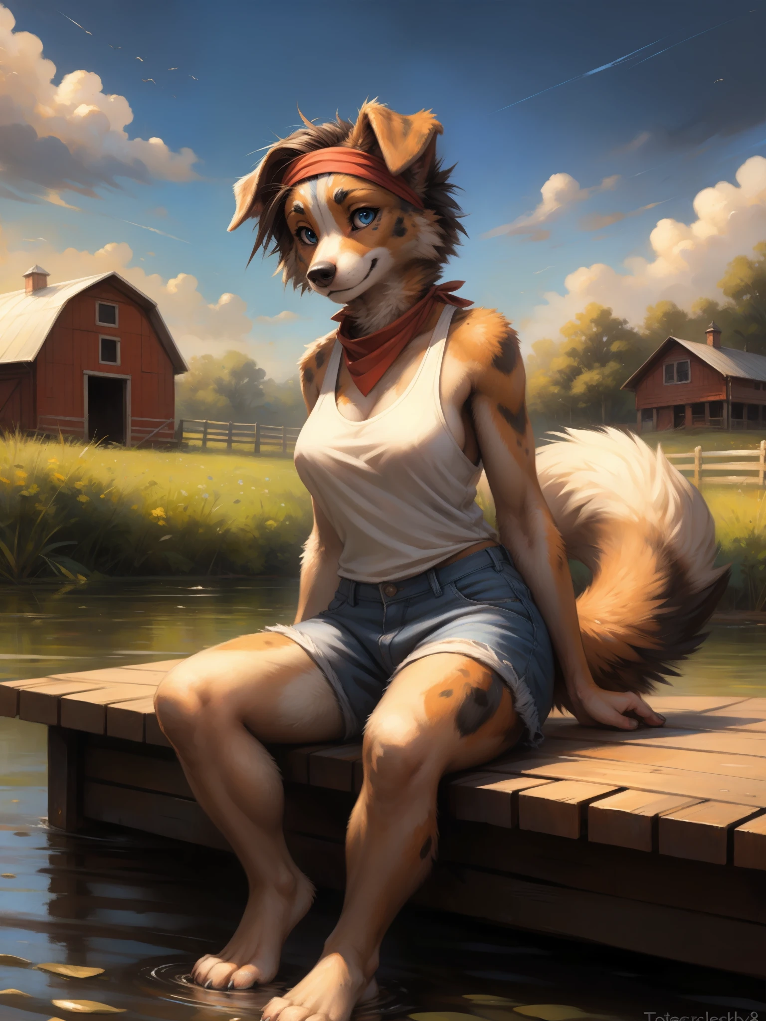 by kenket, by totesfleisch8, (by thebigslick, by silverfox5213:0.8), (by syuro:0.2), an Australian shepherd dog, female, short brown hair, blue eyes, cute snout, black nose, fluffy tail, wearing white tank top, blue jean shorts, red bandana around neck, medium breasts, barefoot, 4 toes, sitting on a dock, toes in the water, a farm in the background