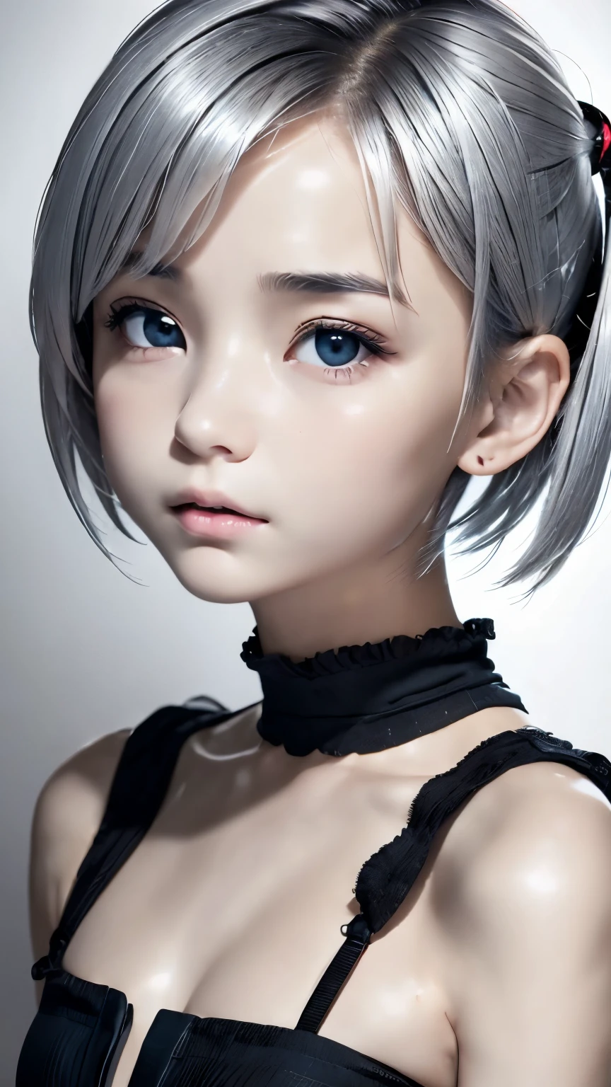 ((wallpaper 8k)), ((surreal)), ((Quality with attention to detail:1.2)), 1 girl, １４talent、kind eyes、plump lips、Ash gray hair、An ennui look、(((small breasts、small breasts、areola:1.1、nipple)))、black classy dress,Black capelet, look up, Widespread poverty, short cut hair、short hair twintails、Ash gray hair:1.5、white skin、