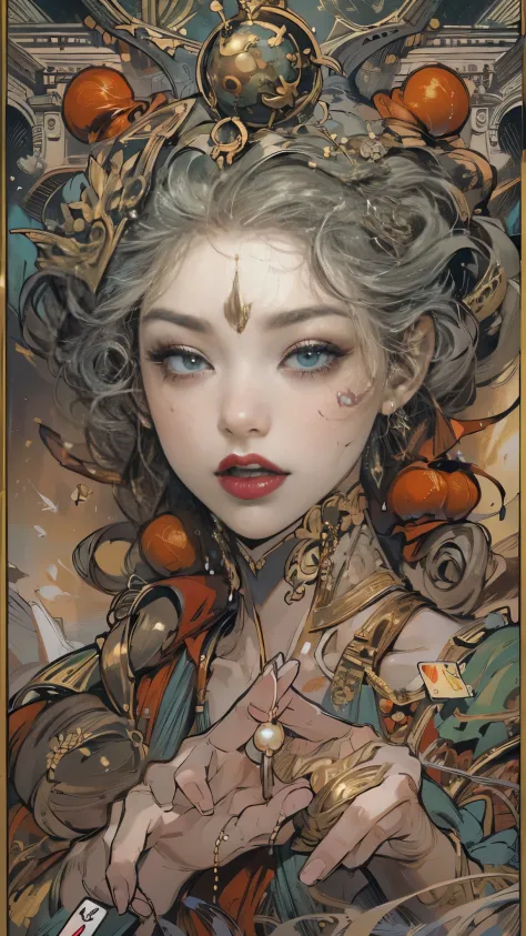 tarot cards，完整的tarot cards边框，(图像被tarot cards式边框包围:1.8), black woman ahgao，silver hair，a heartwarming smile，thick lips，elongated ...