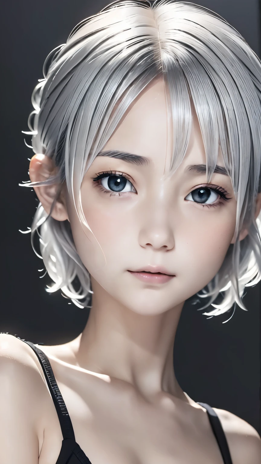 ((wallpaper 8k)), ((surreal)), ((Quality with attention to detail:1.2)), 1 girl, １４talent、kind eyes、plump lips、Ash gray hair、An ennui look、(((small breasts、small breasts、areola:1.1、nipple)))、black classy dress,Black capelet, look up, Widespread poverty, short cut hair、short hair twintails、Ash gray hair:1.5、white skin、