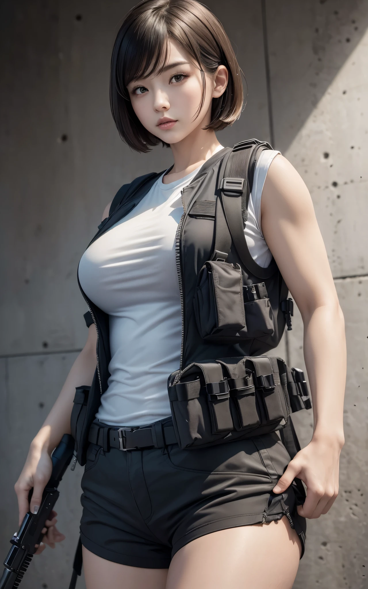 ((Best Quality, 8K, Masterpiece: 1.3)), ((best quality)), high resolution, photorealistic, photorealism, 1girl aiming with an  assault rifle, plump and musclar, Combat pose, looking to the camera, (Detailed face), short hair, nylon short pants, tactical vests, military harness, Gun,black gloves, high-tech headset, Fingers are occluded, concrete wall background,