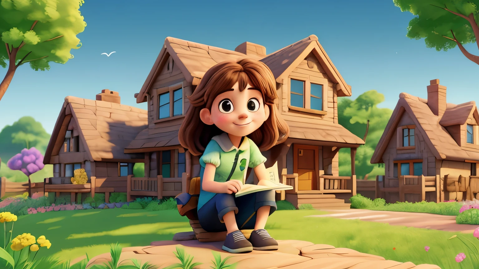 a girl sitting in front of her house, smiling, thoughtful, (Disney style illustration) beautiful and sweet expression, painting in a book, around her are colorful flowers in the garden, she looks happy: high resolution, ((ultra detailed, vivid colors)) warm color tone, soft lighting, general shot of the girl and the house (for an illustration in a children's book) light brown hair, smile, UHD, masterpiece, super detail