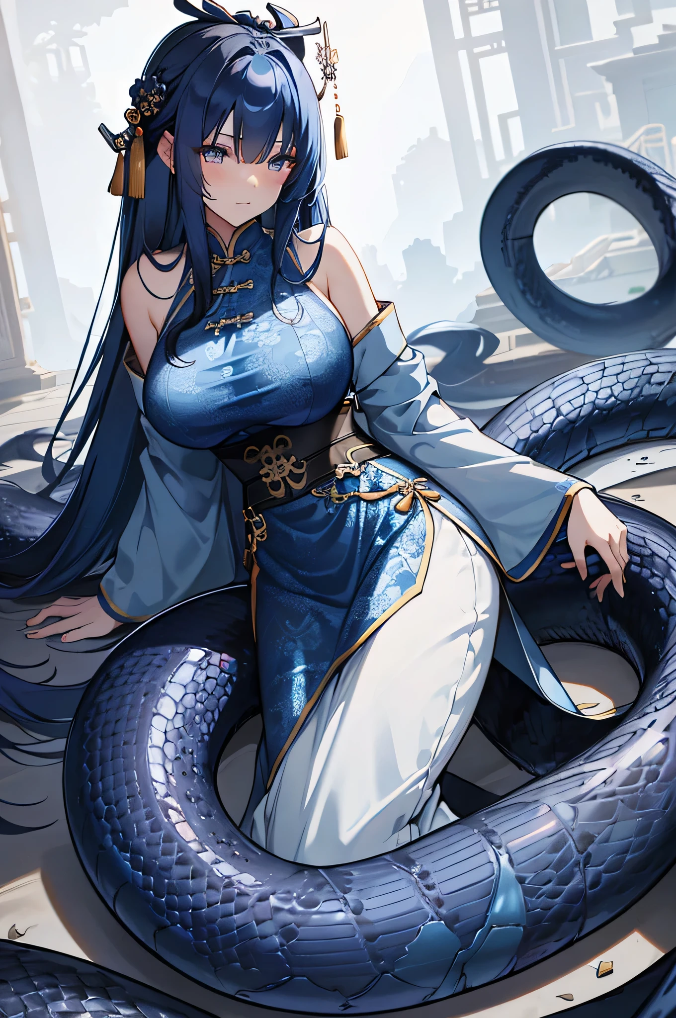 4K,High resolution,one woman,Lamia,dark blue hair,long hair,big breasts,ancient chinese princess,China dress,ancient chinese royal family