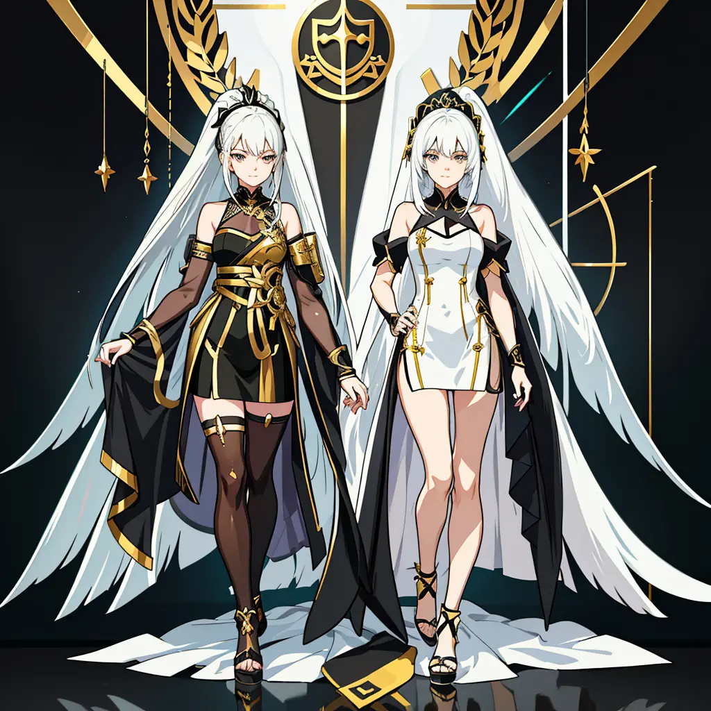 Anime characters with white hair and black dress with gold accents, Anime girl wearing black dress, Anime character design, deta...