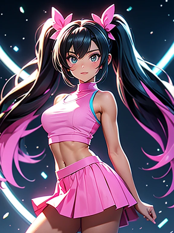 Tall (Giantess:1.3), athleic, (muscly:1.2), cute (gentle:1.2) magical girl with twintail black hair, pink clothes, (skirt:1.5), (bare skin)