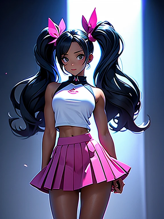 Tall (Giantess:1.3), athleic, (muscly:1.2), cute (gentle:1.2) magical girl with twintail black hair, pink clothes, (skirt:1.5), (bare skin)