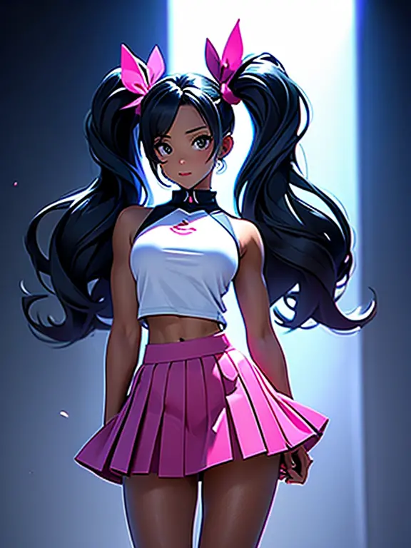 tall (giantess:1.3), athleic, (muscly:1.2), cute (gentle:1.2) magical girl with twintail black hair, pink clothes, (skirt:1.5), ...