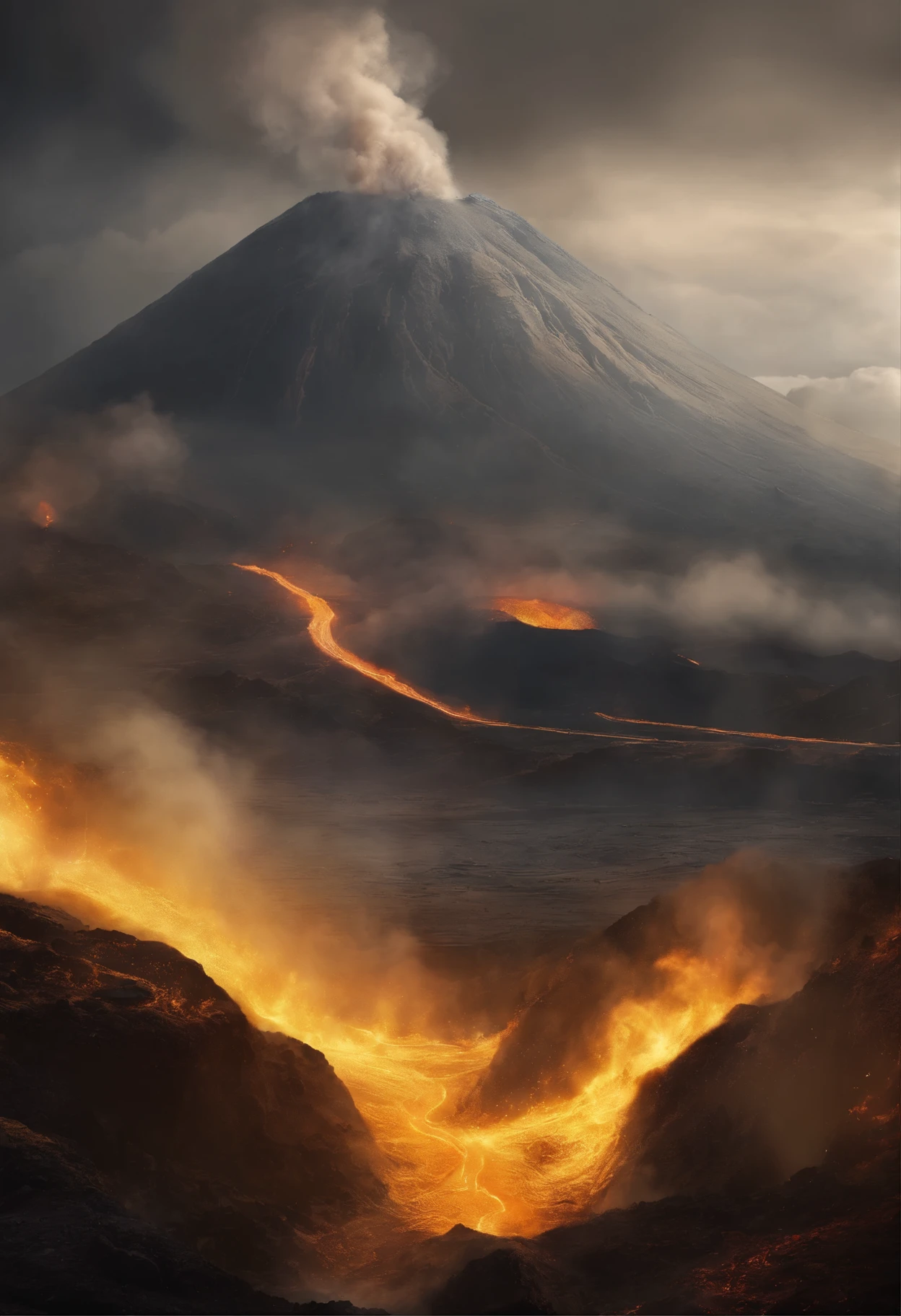 Volcano, Volcano Art, Nature Power, Erupting Landscape, Fiery Spect...