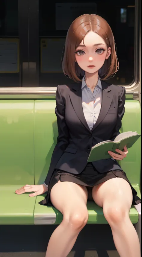 A lovely 35-year-old woman in a business suit and tight skirt is sitting on a horizontal wooden bench at the train station and reading a book. Spread her legs a little and look at her inner thighs from the front.