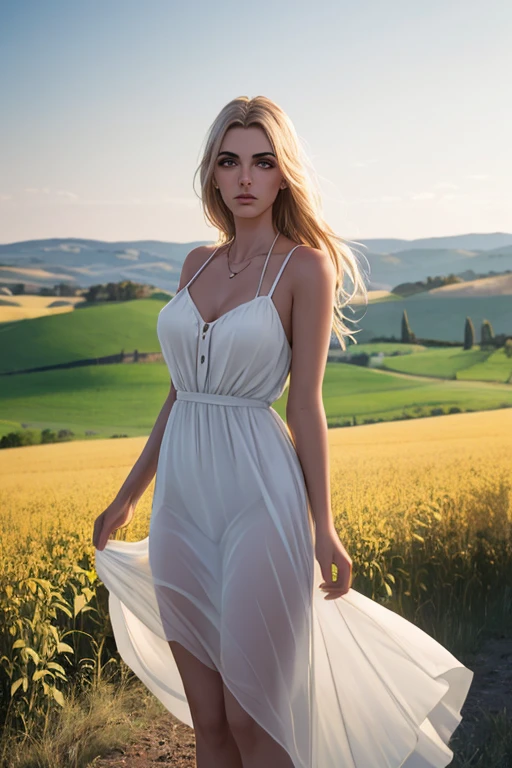 RAW 사진, DSLR 브레이크 (kkw-ph1:0.9) 아름 다운 이탈리아 여자, 23세, 토스카나 들판에서, 섹시한 여름 드레스, 전문적인 컬러 그레이딩