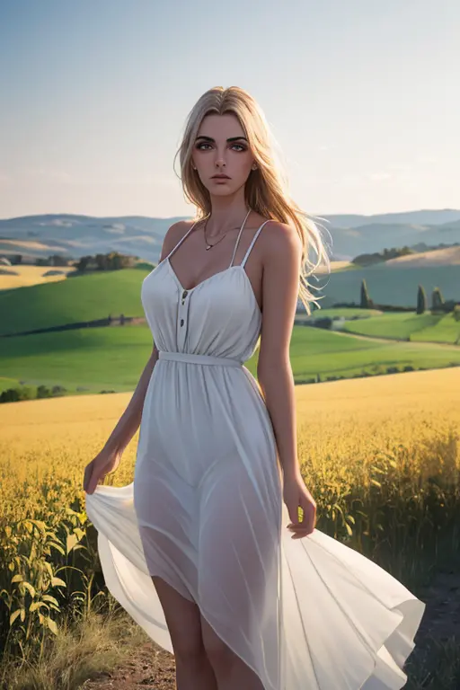 RAW Photo, DSLR BREAK (kkw-ph1:0.9) beautiful italian woman, 23 year old, in a tuscany field, sexy summer dress, professional co...