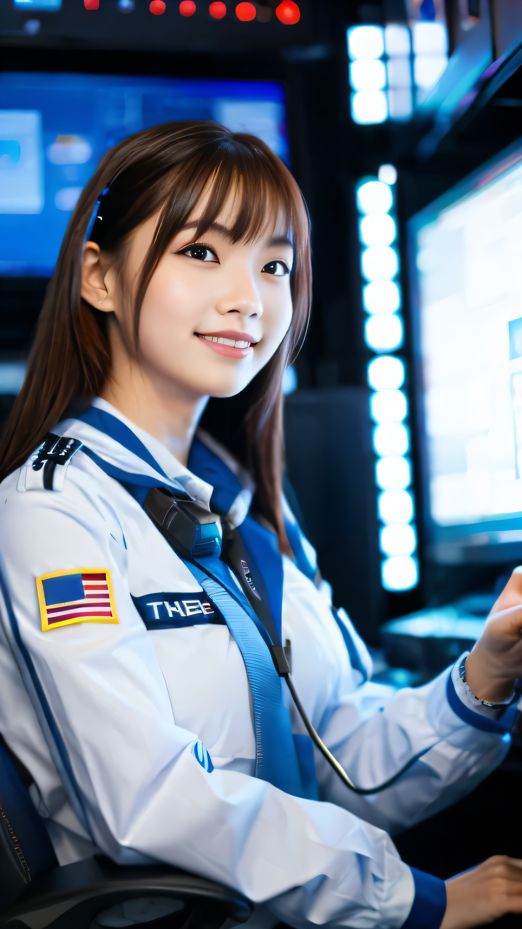 unorganized solution, High resolution, (masterpiece: 1.4), hyper detail, Young dark-haired woman dressed as a technician, blush、excited look, Sitting in a very narrow and closed mech control room