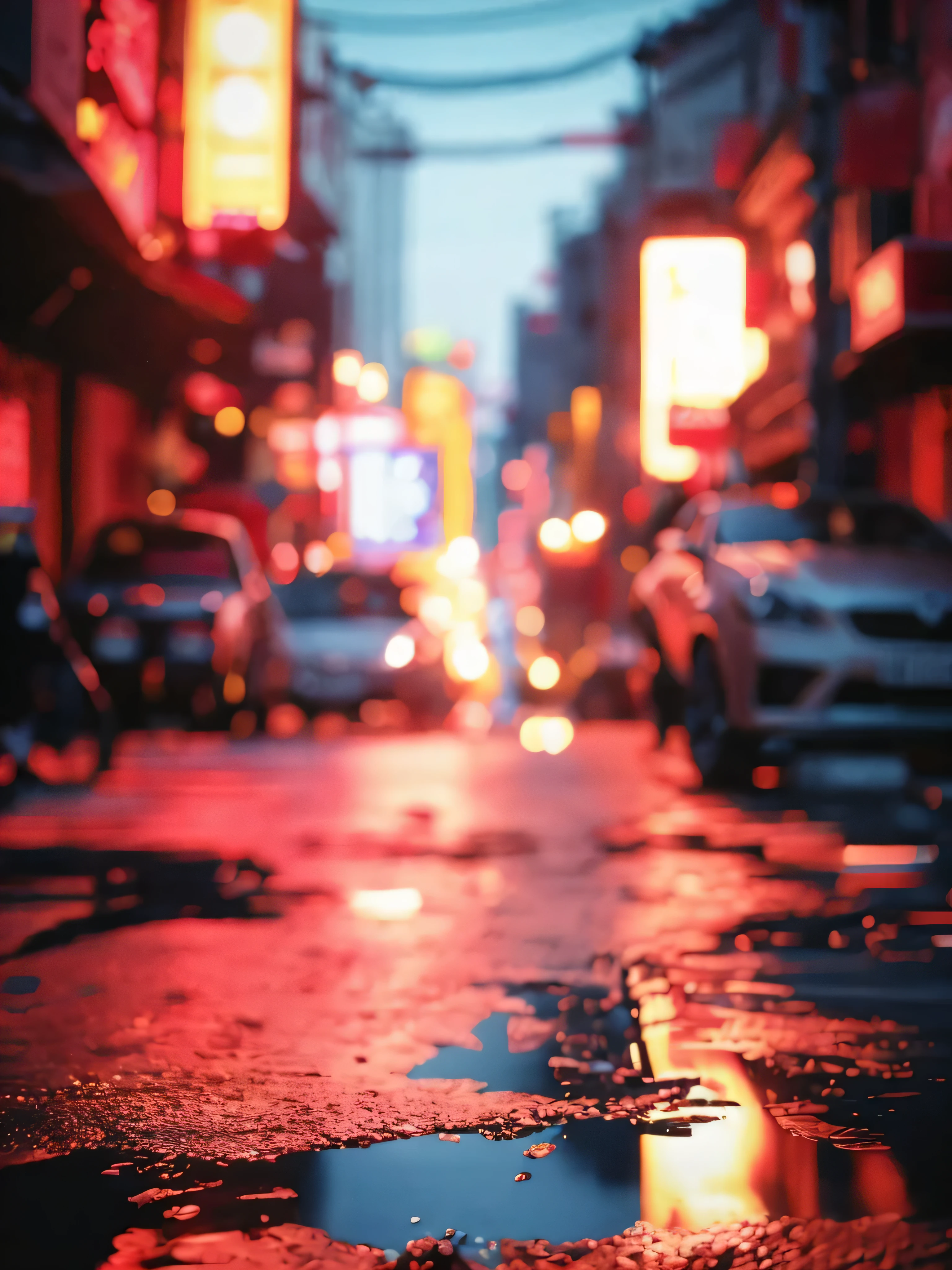 A close up of a wet street with cars and neon lights - SeaArt AI