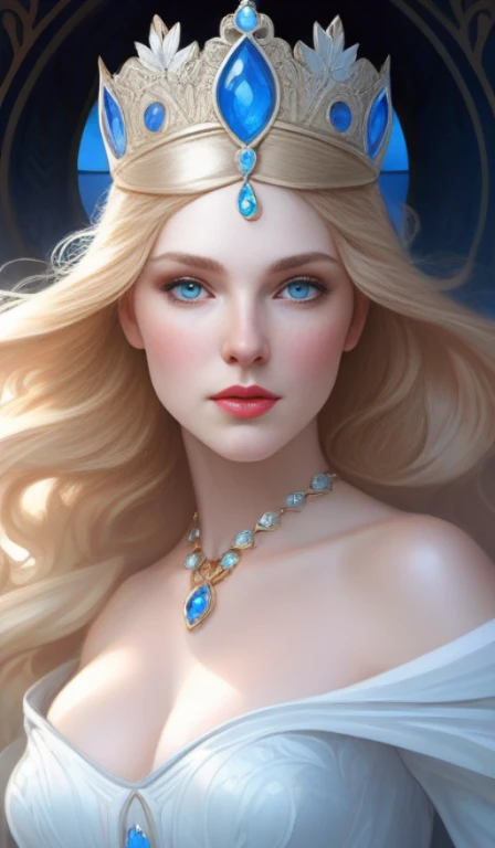 portrait of white queen, blue eyes, cold Face, intricate, elegant, highly detailed, digital painting, artstation, concept art, smooth, sharp focus, illustration, art by artgerm and greg rutkowski and alphonse mucha and william - adolphe bouguereau