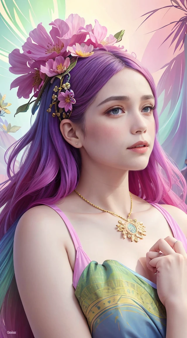 1girl in a masterpiece, top-quality, official art, beautifully aesthetic: 1.2, highlighting her upper body. The girl is surrounded by 1 flower, creating a highly detailed, colorfully vibrant scene. The artwork showcases the beauty of fractal art: 1.3 in the most intricate and detailed manner possible.