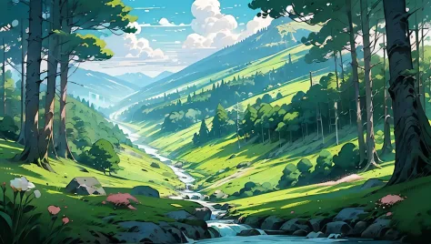 landscape wallpaper forest in the morning cute with flowers and a river