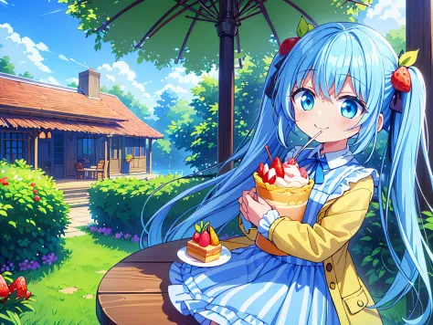 Cafe under the blue sky、full of flowers((Some photos)).beautiful girl with long light blue hair　Hair style is twin tails　adorabl...
