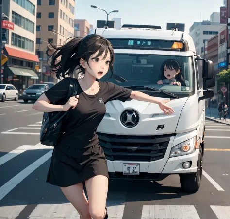 masterpiece、8K、（1 female、A woman about to be hit by a car、running、surprised expression）、pedestrian crossing、city、truck