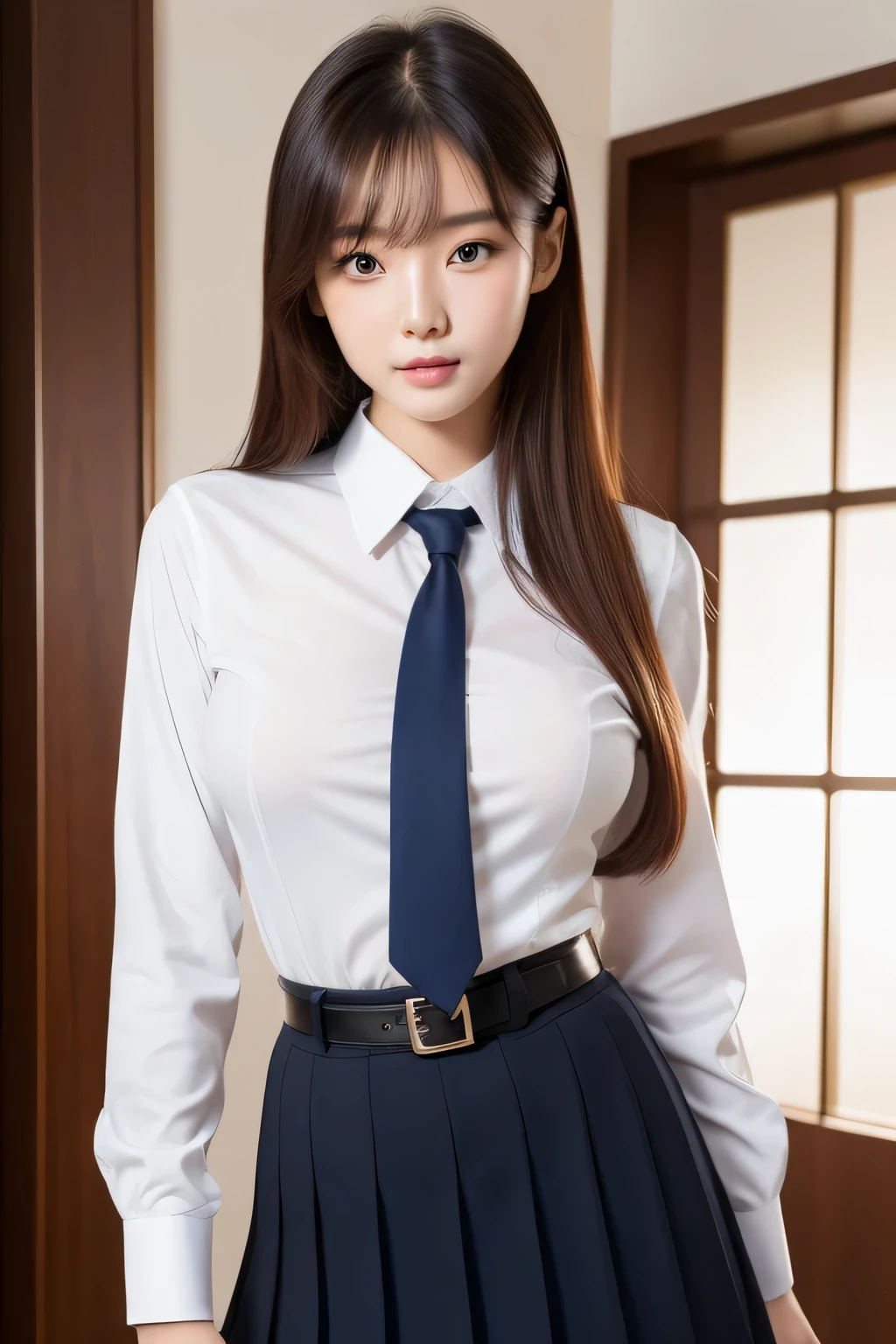 Arafed asian woman in a white shirt and blue tie posing for a picture -  SeaArt AI