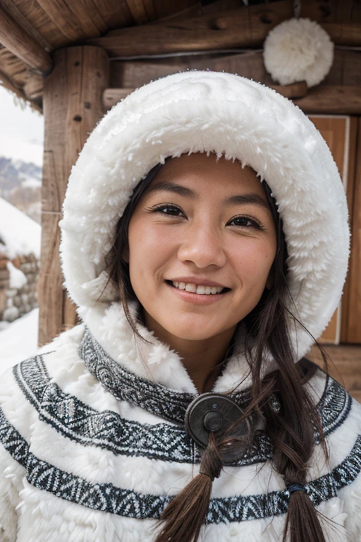 detalhes intrincados, realista, photo realista, a close up of an Eskimo woman of the landscape and traditional traditions of her igloo village in a panoramic photo laughing looking in front of the camera
