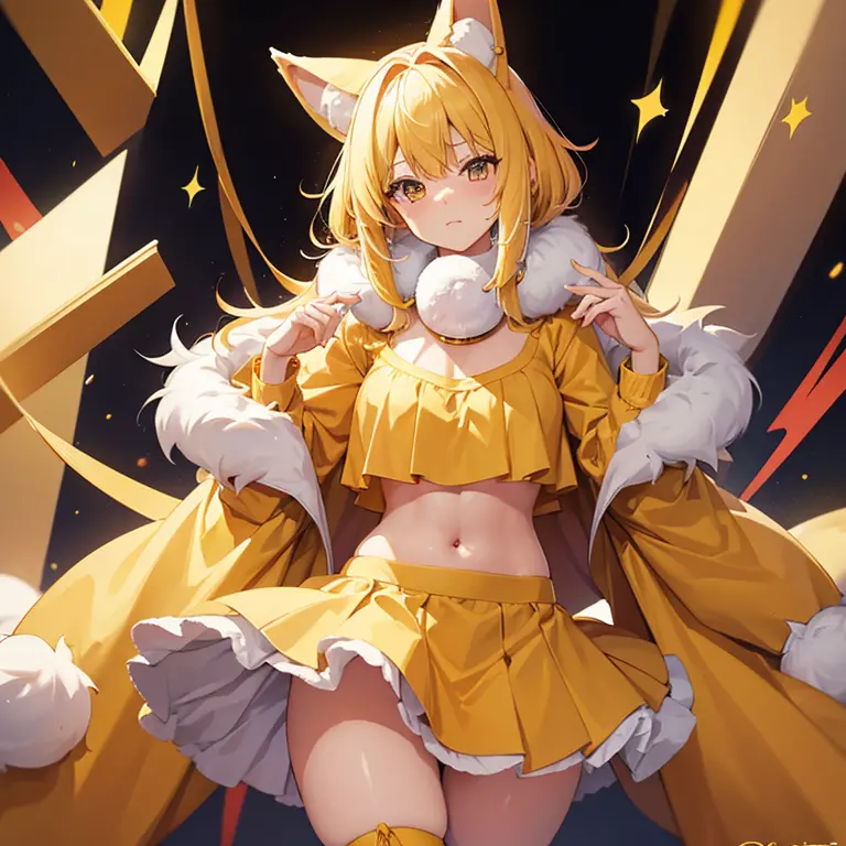 yellow hair,furry ears,girl,((fluffy around the neck:1.5)),sexy,(yellow clothes),thunder,seductive thighs,(yellow skirt),(small ...