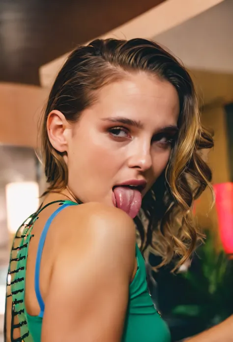 photo natalie portman tongue out ahegao close shot cinematic lighting inside hotel lobby 80s hairstyle (detailed analog photo film grain high saturation)