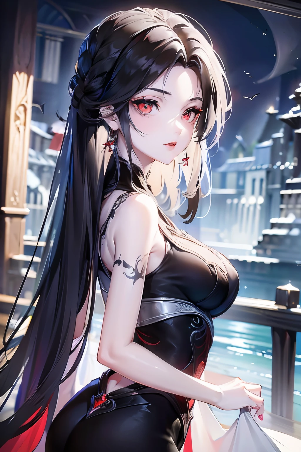 (high quality,best quality,masterpiece:1.2),1 girl,beautiful and delicate eyes,Beautiful and delicate lips,Extremely detailed eyes and face,long eyelashes,black hair,red eyes,earrings,view from behind,Show back,skirt,Blood,dark atmosphere,gothic style,pale skin,color tattoo,Crow crows,Unforgettable background music,mysterious lights,soft focus,bright colors
