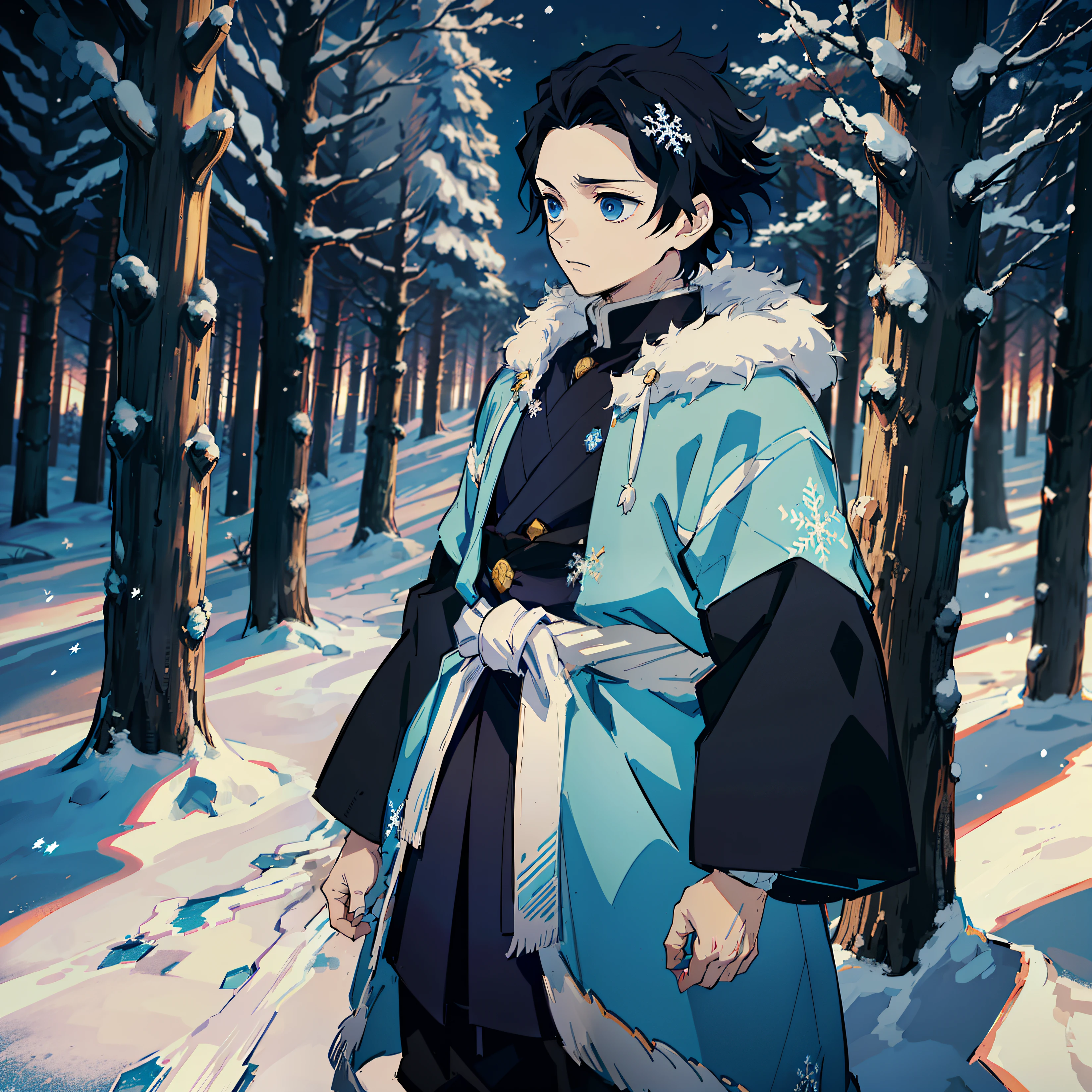 o anime, (melhor qualidade), 1 cara, fica parado, (ombros largos), (Snow covered forest with sunset), messy black hair (curto), ((Impassive blue eyes)), roupas japonesas, Casaco azul aberto ((blue with snowflake patterns)), ((Hinge at the waist)), The Art of the Demon Slayer, demon slayer art style, Kimetsu no Yaiba