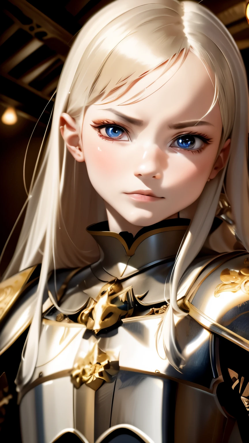 masterpiece, highest quality, disorganized, beautiful girl, Platinum Armor, Detailed engraving, engraved breastplate, Upper body, looking at the viewer, Medieval, anger, sad, blonde hair, punishment room, dungeon, Dark stone room, night, High resolution, Super detailed, finely, Detailed eyes, face and skin, sharp pupils, realistic student, sharp focus, somewhat light