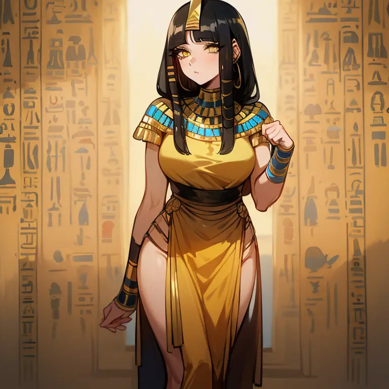 (((Alone))),(((Mature Woman))),(Body with medium curves),(((Amber eyes))),(((Long black hair with bangs))),(((Wearing Egyptian c...