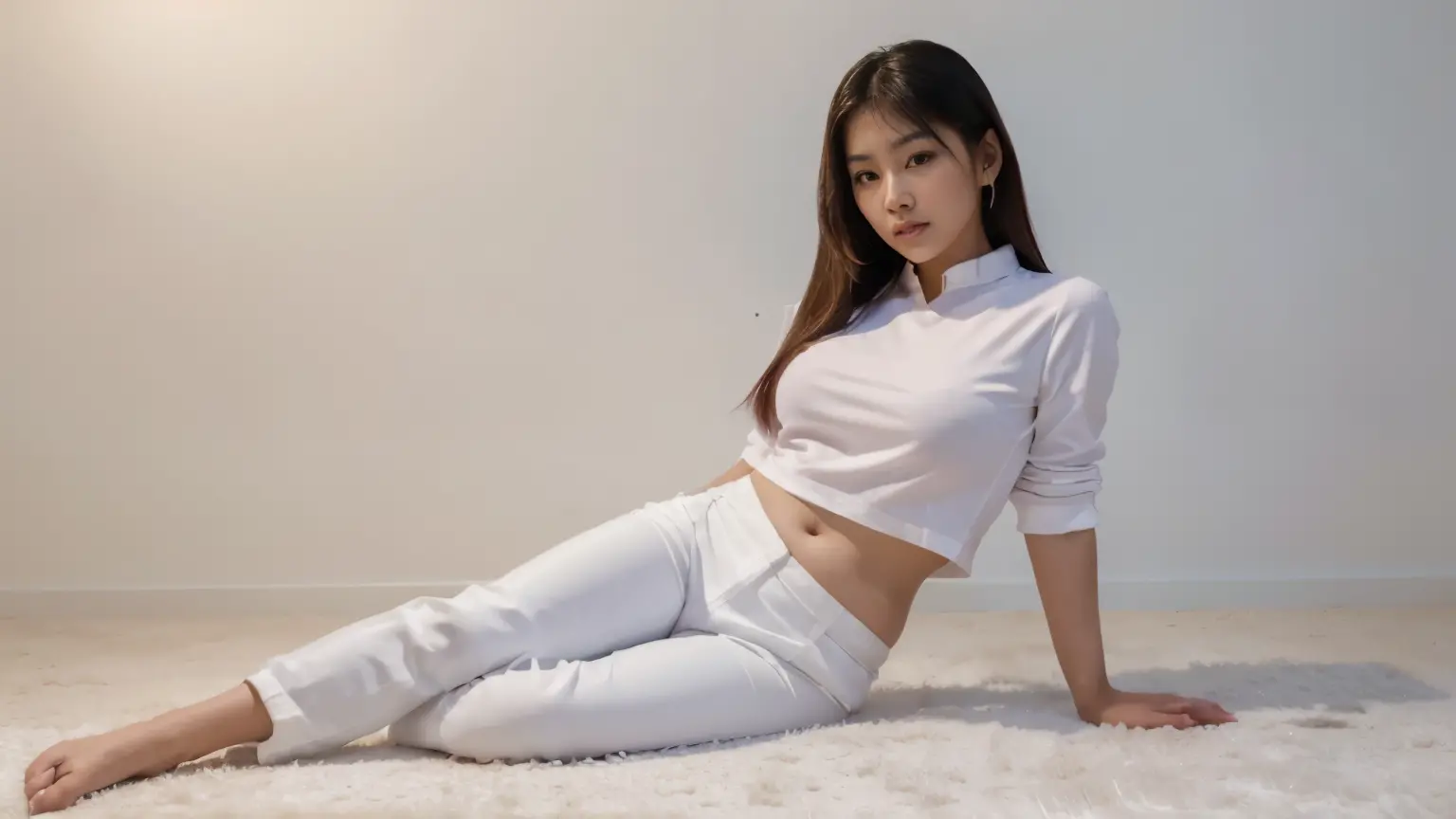 8k ultra realistic photos, ((Image must match text)) ((cubby Asian women, height 150 cm and body shape 59 kg/m2)) White coat, pink shirt, white pants, lying down on the floor, cool, bold, ((Full body photo visible)) White wall background,