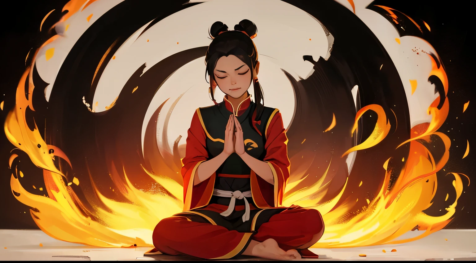 masterpiece, best quality, 1girl, azula, fire nation clothes, azula (avatar the last airbender), solo, black hair, fire, dark, long hair, topknot, serious, closed eyes, meditating, sitting, avatar meditation, 1, white background, azula from avatar the last airbender, princess azula, eyes open, pure white eyes, avatar arrows