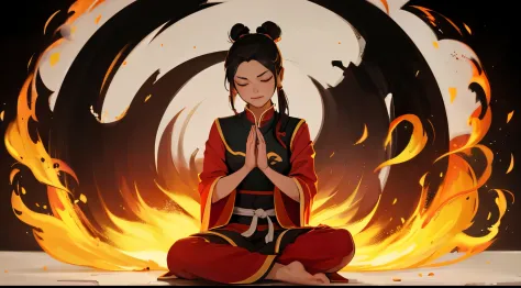 masterpiece, best quality, 1girl, azula, fire nation clothes, azula (avatar the last airbender), solo, black hair, fire, dark, l...