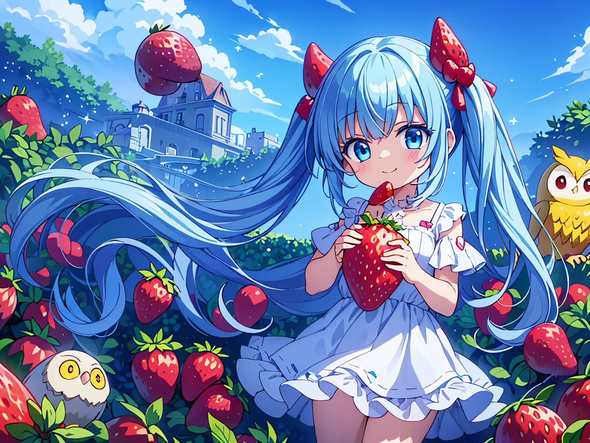 Sous le ciel bleu　Un champ de fraises((Quelques photos)).les fraises tombent du ciel　belle fille aux longs cheveux bleu clair　La coiffure est à double queue　Sourire adorable　manger une grosse fraise　Doudoune métallisée scintillante jaune chaud　Un grand hibou veille sur la jeune fille　