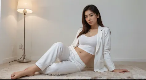 8k ultra realistic photos, ((Image must match text)) ((cubby Asian women, height 150 cm and body shape 59 kg/m2)) White coat, pink shirt, white pants, lying down on the floor, cool, bold, ((Full body photo visible)) White wall background,