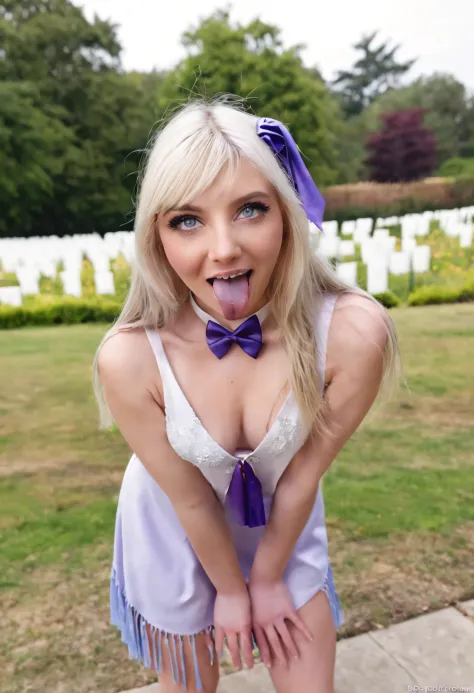 Masterpiece, Superb Piece, Daytime, Outdoor, Falling Flowers, White Dress, 1 woman, Perfect Woman, tongue out ahegao close shot Silver and White Long Haired Woman, Gray Blue Eyes, Pale Pink Lips, Cold, Serious, Bang, Purple Eyes, White Clothes, Black Cloth...