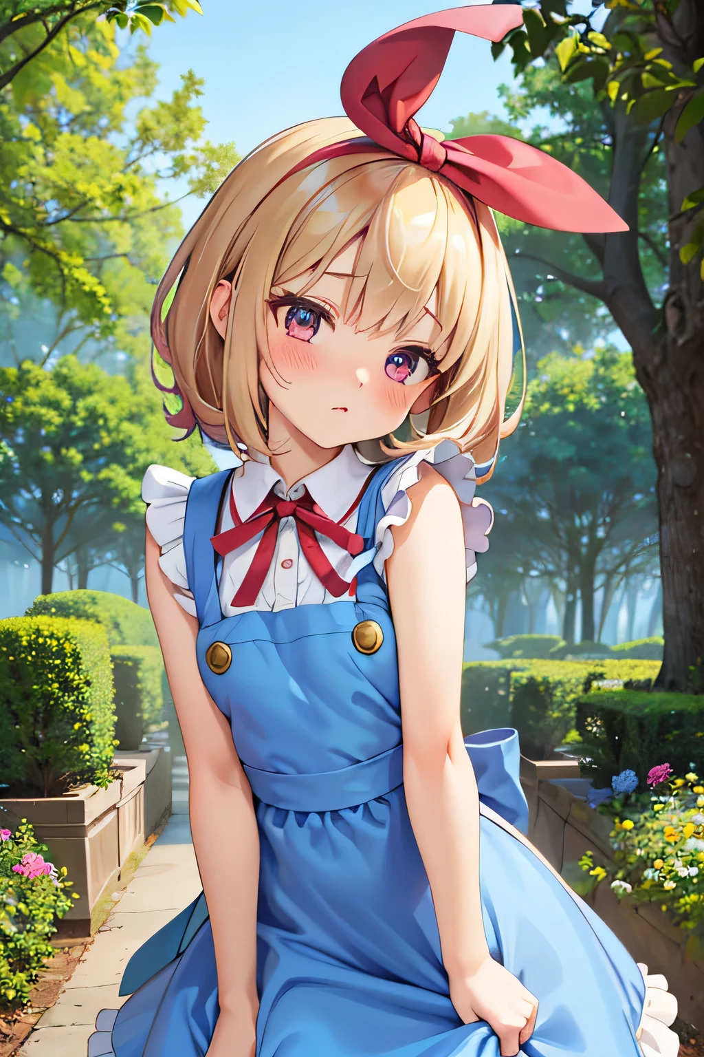 Anime girl in blue dress sitting on a bench in a park - SeaArt AI