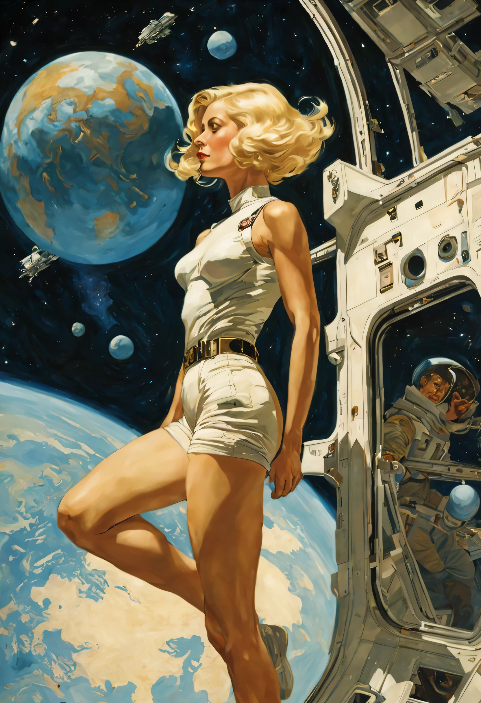 Prise de vue complète du corps, vue de profil d&#39;une blonde, flottant en apesanteur, station spatiale. Elle porte un short court, et regardant dehors vers la terre. Elle est mélancolique, et pense à sa famille sur terre. art par J.C. Leyendecker
