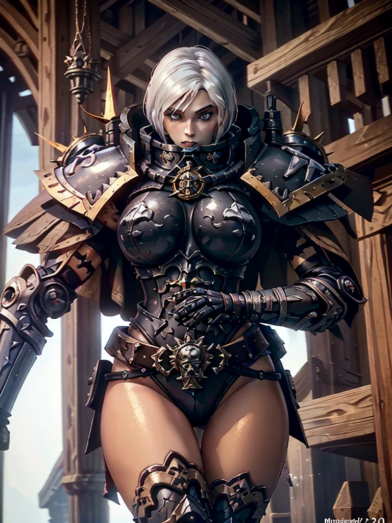 Close-up of a woman dressed in black and white, Armor Girl, biomechanical oppai, glossy white armor, bikini armor, bikini armor, Anime goddess, pvc armor, fus rei, Female action anime girl, gynoid body, cushart krentz, oppai, bikini armor, Anime girl, Shiny plate armor，fantasy paladin woman, warhammer 4 0 k fantasy, picture of female paladin, Warhammer fantasy art, warhammer 4 0 k artwork，warhammer 4 0 k artwork,  2b, High quality digital concept art, wh 4 0 k art, warhammer 4 0 k fantasy, warhammer 40k style, WH40K, w 4 0 k, warhammer art