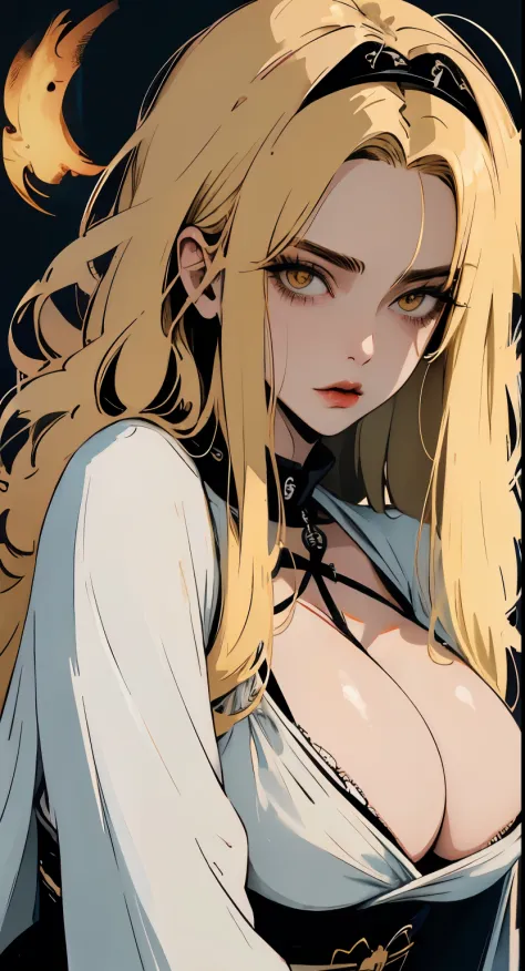 1 milf gothic girl, (dark atmosphere), (highly detailed skin),, cleavage,((old Japanese style)) ,8k quality, ultra sharp, ultra realistic detailed, yellow eyes, blonde hair,, white hanfu ,((large snoopy breast))
