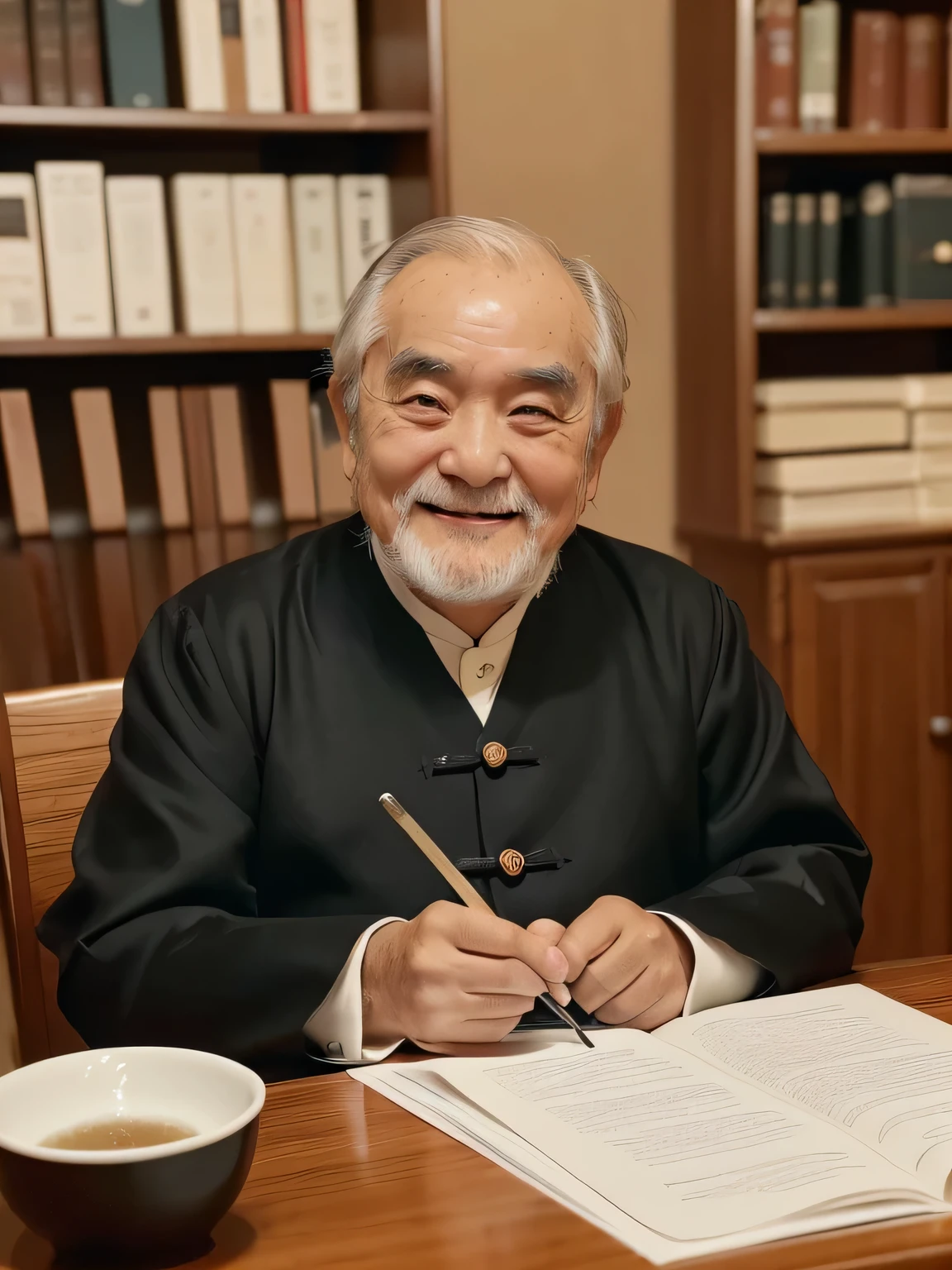 (elder,round face,thick bushy eyebrows,big eyes,class,smiling,short hair,salt and pepper hair,Hanfu,Chinese traditional suit,Pure black,Sitting frontally on a study chair,Put your hands on the table,Holding a folded paper fan,close up,The desk is not cluttered,Study room,bookshelf,8k,best quality)