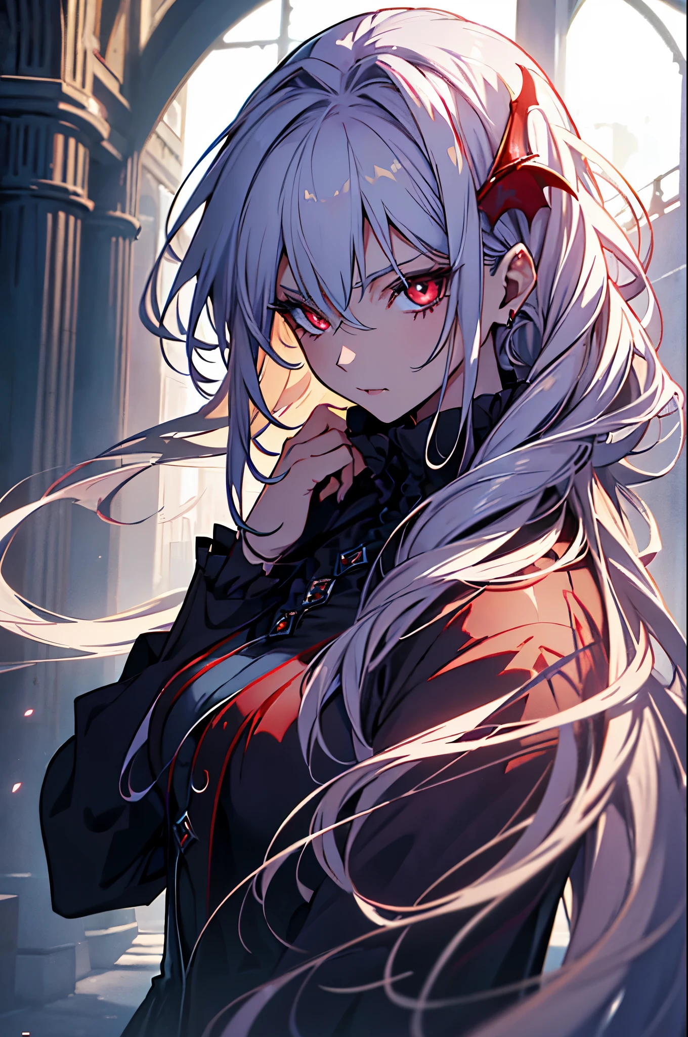 With white hair and Blue eyes,beautiful as a fairy,A melancholy expression that stirs affection,side face,floating hair,light particles,glare,vivid,fancy,dreamlike,a dim atomshpere, ((Vampire Girl)) ((Vampire Princess)) ((Dark Fantasy)) ((Red-Eyes))