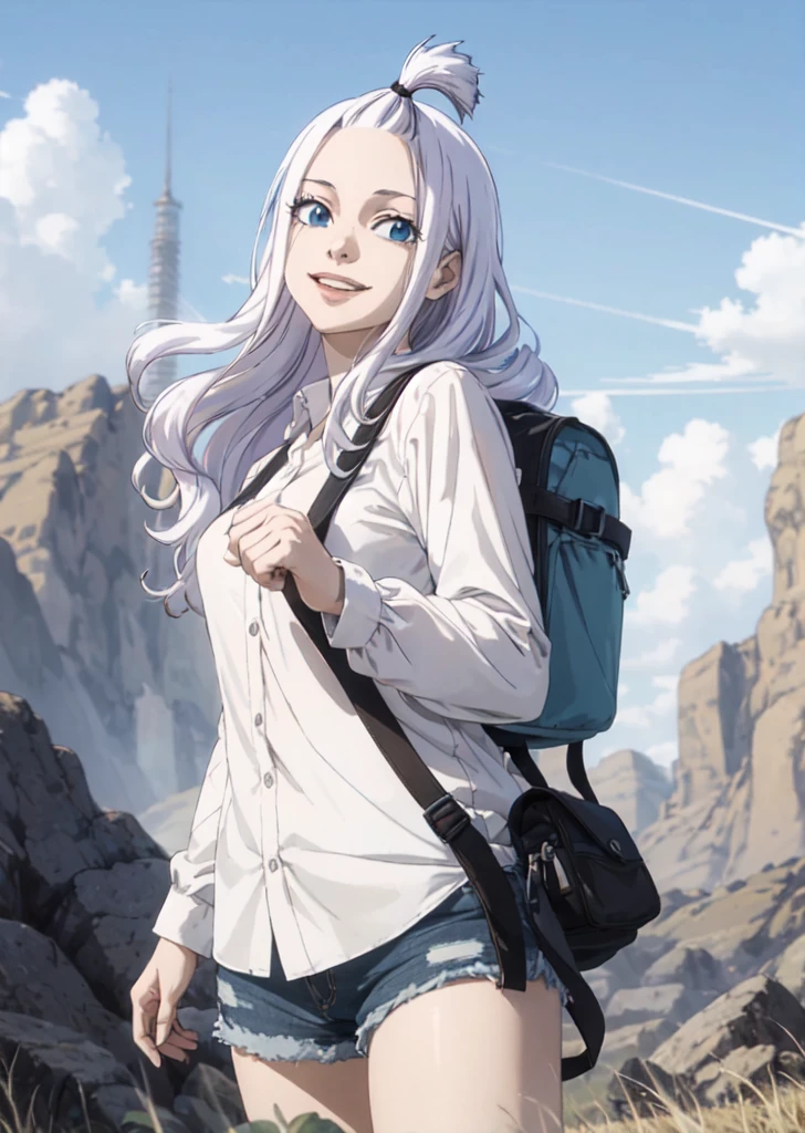 The vast sky, beautiful skyline, large grasslands, extremely tense and dramatic pictures, moving visual effects, the high-hanging Polaris, and colorful natural light. A long-sleeved top, denim shorts, and a girl with a backpack,Blue eyes, White hime-cut hair, sparkling girl smiling face.