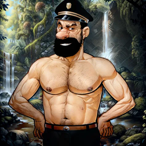 arafed man with a beard and a hat standing in front of a waterfall, technoviking male with no shirt, shirtless,Captain, hairy chest, black beard, big beard, rugged ship captain, hairy chest and hairy body, puffy nipples, popeye, sparse chest hair, thick ju...