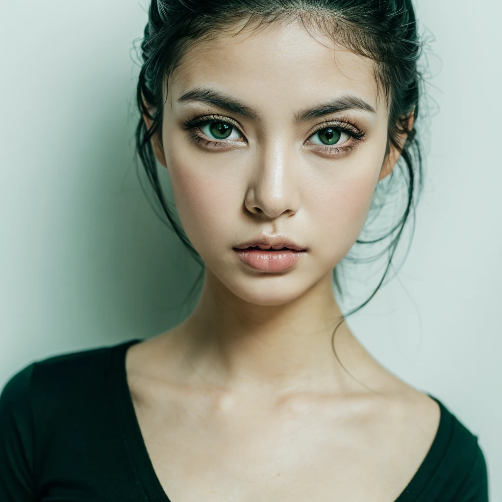 front view, looking at camera, RAW photo,((black shirt:1.2)), ((portrait)),beautiful black hair 20 years asian old woman, green eyes, perfecteyes eyes, ((white background:1.2)), studio lighting, high quality, film grain, Fujifilm XT3, centralized