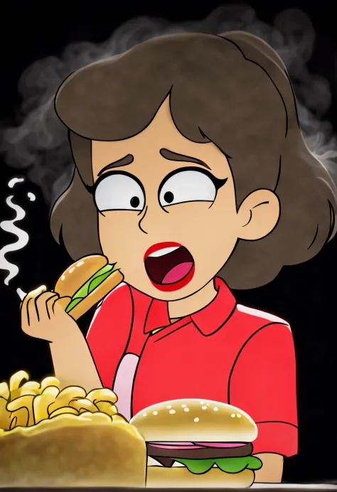 （Close-up of girl with big mouth eating Big Mac burger）， （Open your red mouth：1.2），dark background, quality photo, illustration cartoon studio photo mix，(Lots of smoke and heat：1.2),Finished hand，happy show，exaggerated expression，Shirley Temple